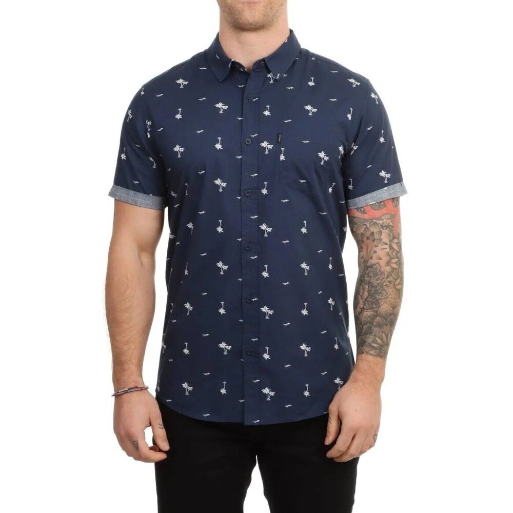 Rip Curl Men’s Large Navy Palm Print Short Sleeve Button-Up Shirt Beach Surf